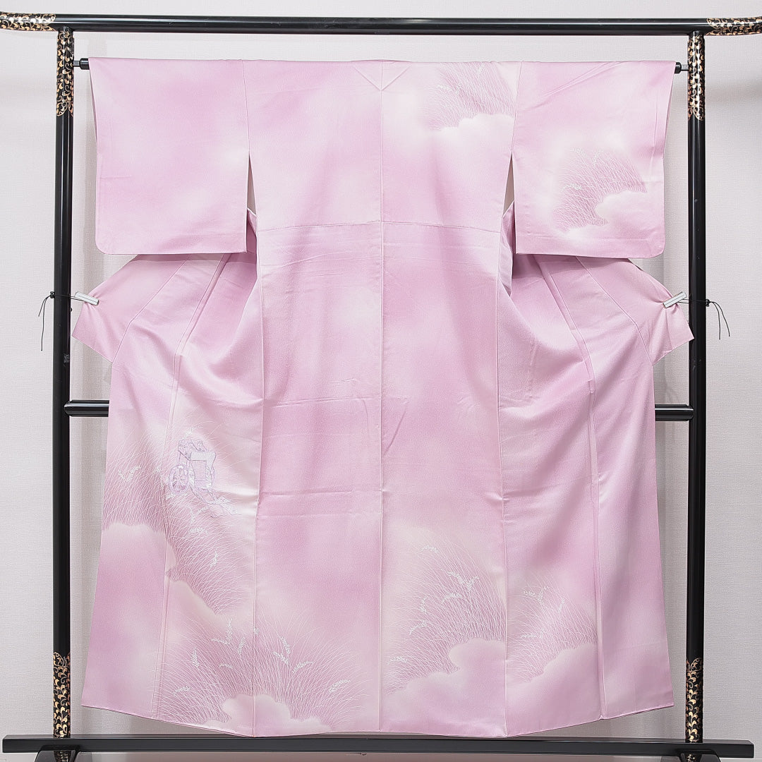 訪問着 袷 身丈154cm 裄丈64cm 正絹 Cランク Sサイズ 広衿 セミフォーマル 御所車 紫系 ピンク系 1212-15646