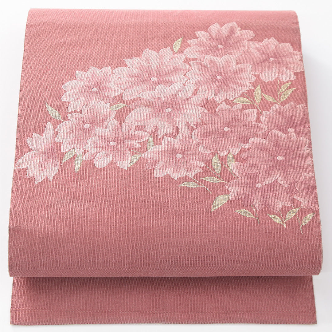 八寸名古屋帯 帯丈357cm カジュアル 松葉仕立て ポイント柄 Cランク 正絹 花柄 ピンク系 1224-04169