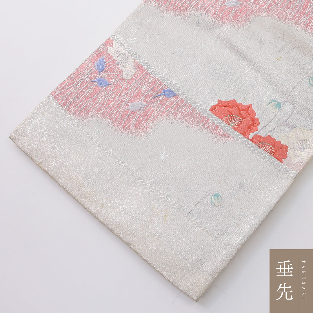 袋帯 帯丈436cm セミフォーマル 六通 帯芯なし Cランク 正絹 花柄 銀系 1223-02238