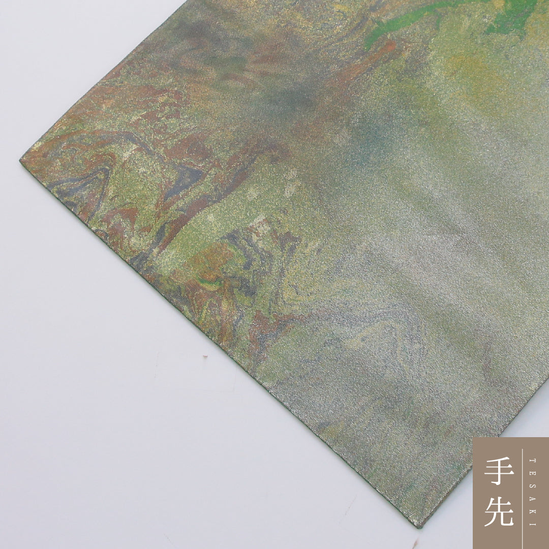 袋帯 帯丈448cm セミフォーマル 六通 帯芯なし Sランク 正絹 引箔 墨流し 緑系 金系 1223-02332