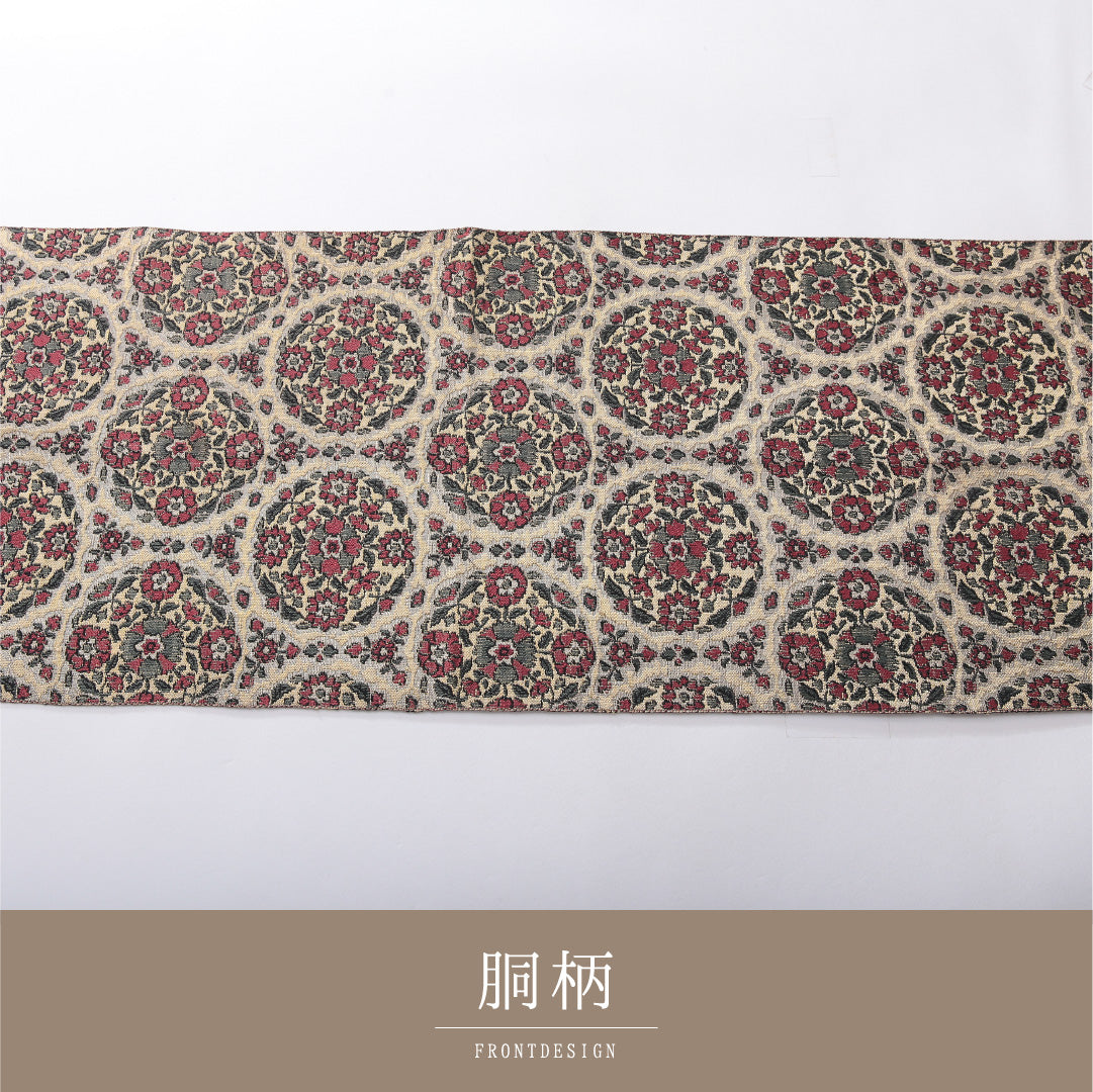 八寸名古屋帯 帯丈392cm カジュアル 開き仕立て 全通 Aランク 正絹 花文 多色系 クリーム系 1224-03916