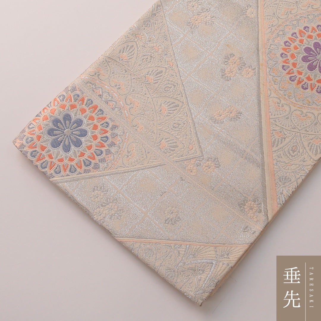 袋帯 帯丈428cm フォーマル 六通 未仕立て Aランク 正絹 唐草華文 扇 銀系 1223-01889