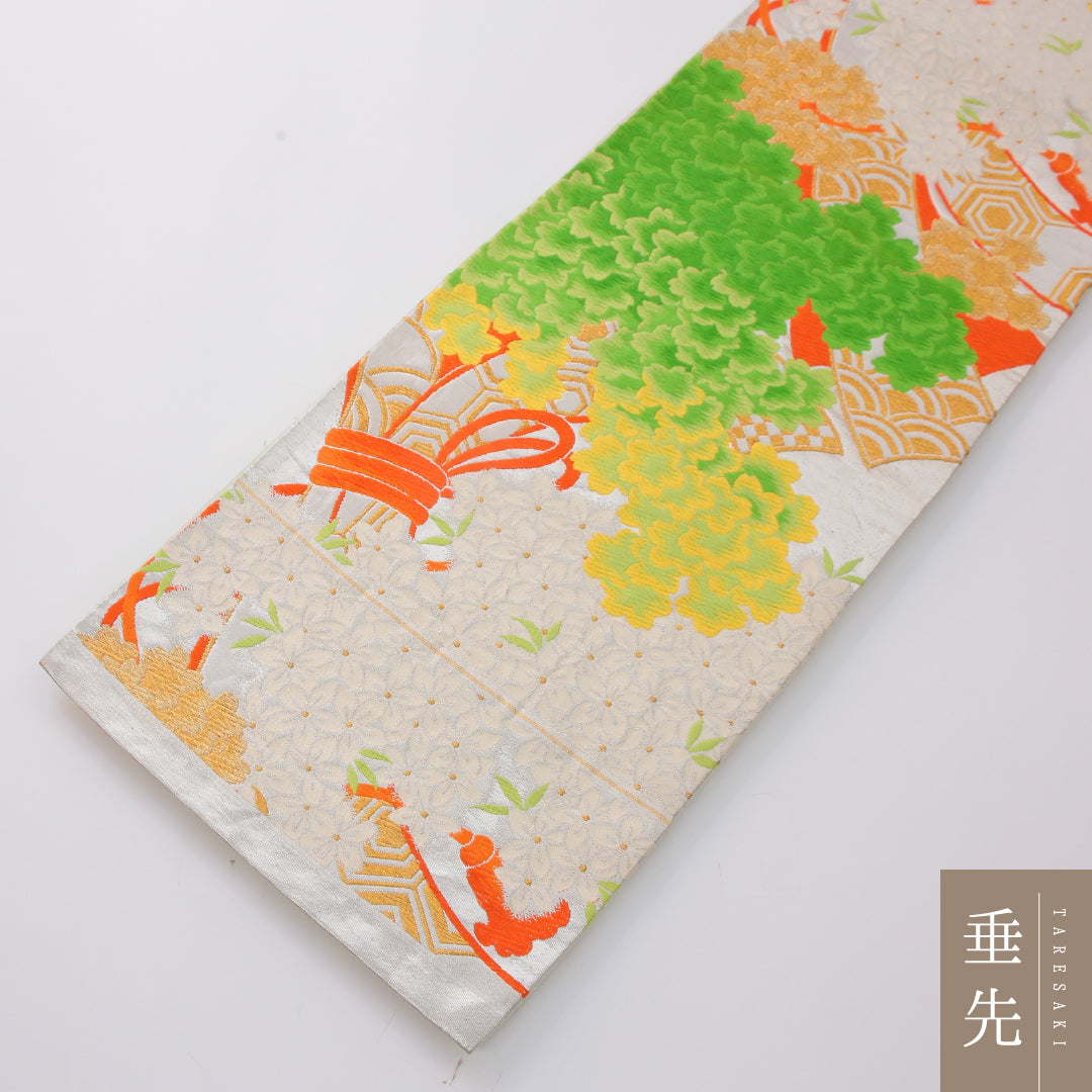 アンティーク 袋帯 帯丈416cm 六通 Aランク 正絹 唐織 古典柄 クリーム系 1223-02320