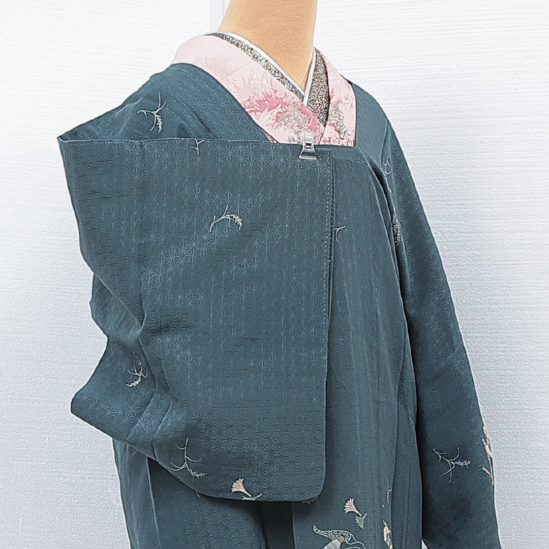 道行コート 袷 身丈83cm 裄丈64cm 正絹 Cランク 紋意匠 (麻の葉) セミフォーマル Mサイズ すすき 青系 LP 1237-15322