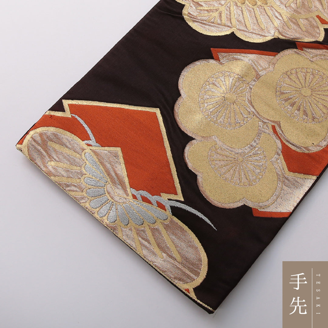 アンティーク 袋帯 帯丈416cm フォーマル 六通 未仕立て 帯芯なし Aランク 正絹 梅 笠松 茶系 1223-01974