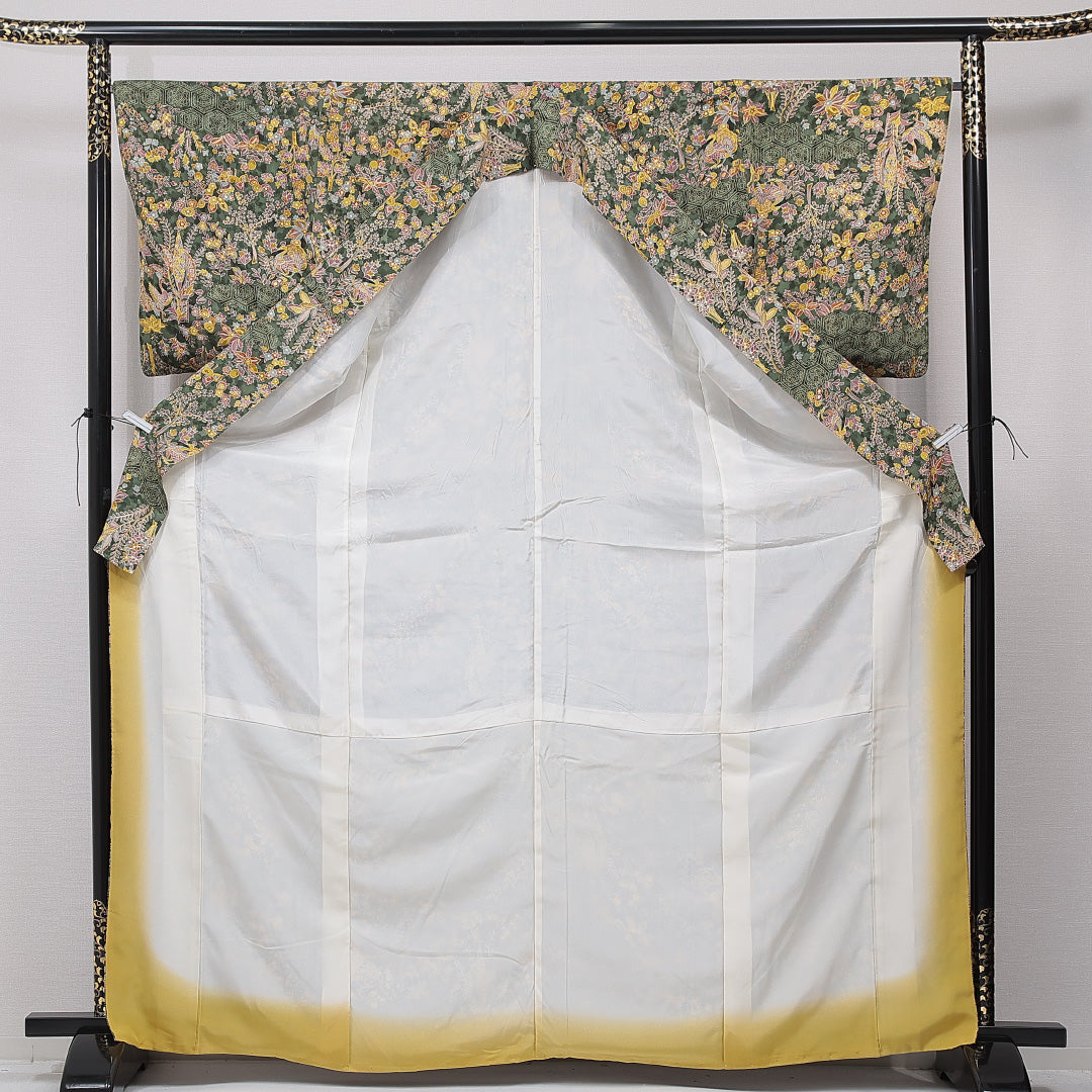 小紋 袷 身丈167cm 裄丈66cm 正絹 Sランク インフォーマル 広衿 XLサイズ 亀甲 花柄 緑系 M4 1221-15876