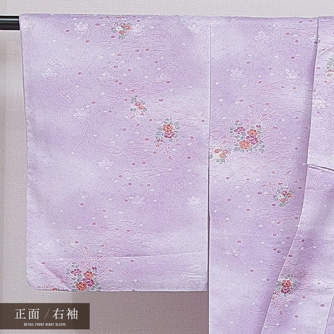 洗える着物 小紋 袷 身丈158cm 裄丈64cm ポリエステル Aランク インフォーマル 広衿 Mサイズ 古典柄 紫系 HP 1221-16057