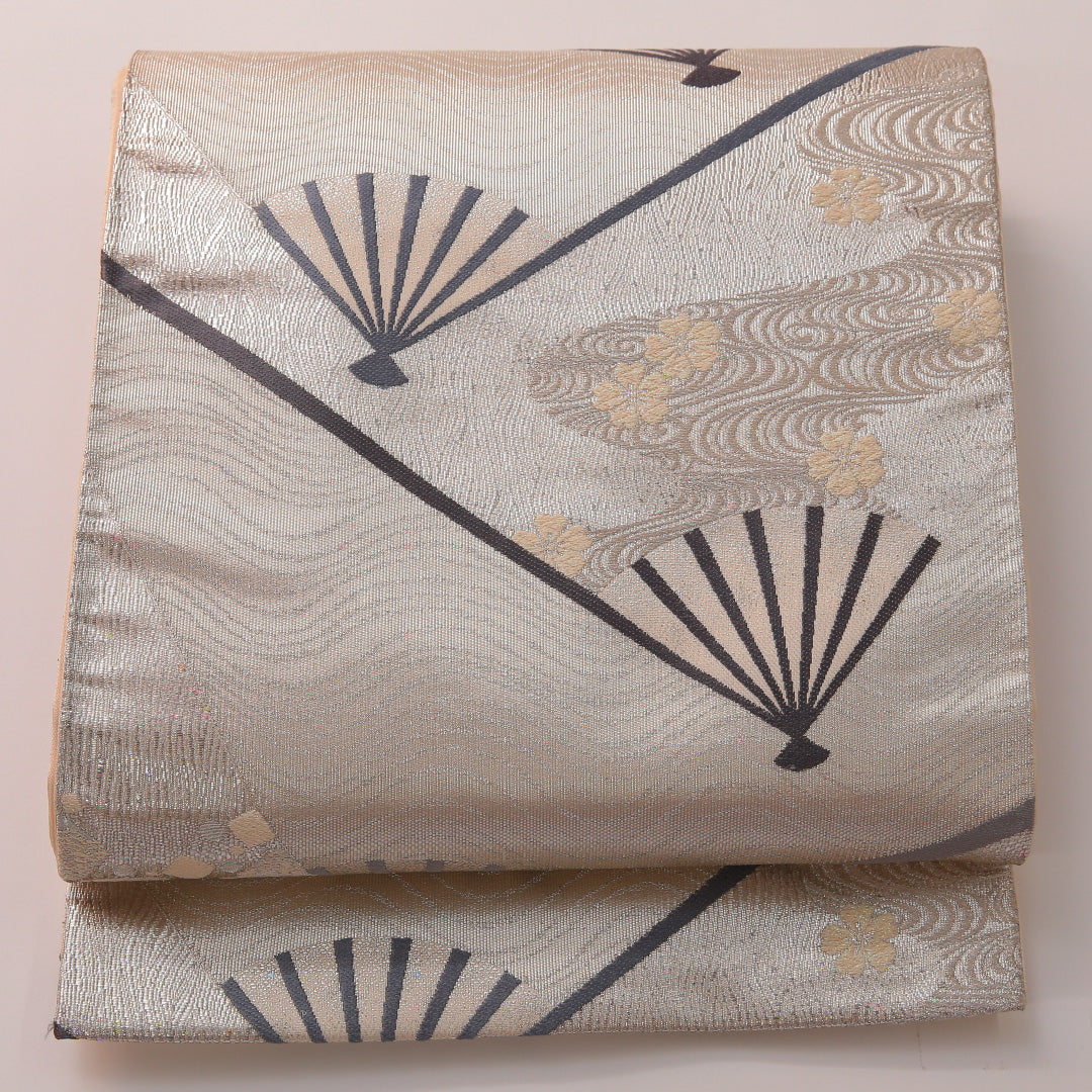 袋帯 帯丈440cm フォーマル 六通 Sランク 正絹 扇 流水 桜 銀系 クリーム系 1223-01883