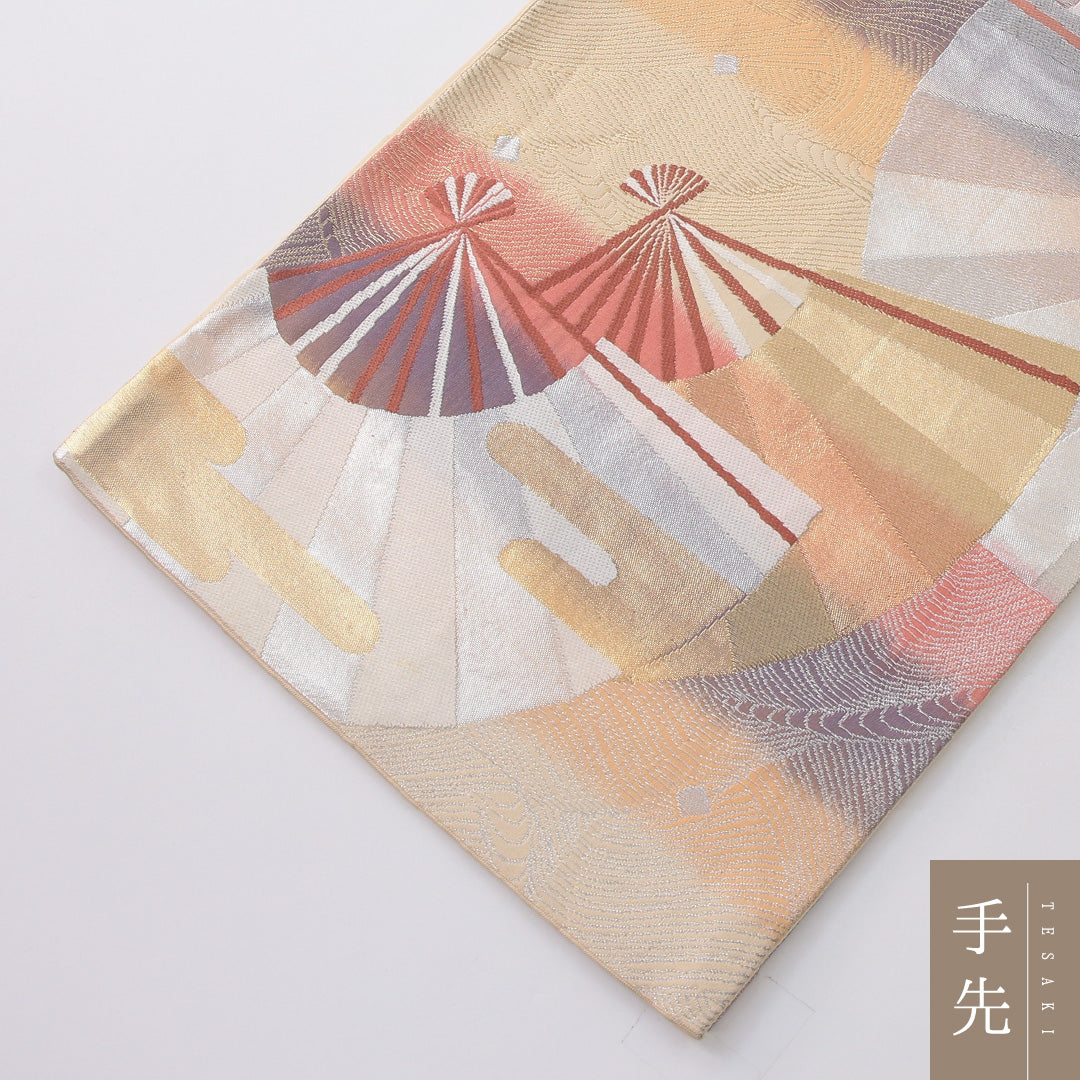 袋帯 帯丈432cm フォーマル 六通 帯芯なし Sランク 正絹 扇 エ霞 多色系 1223-02239