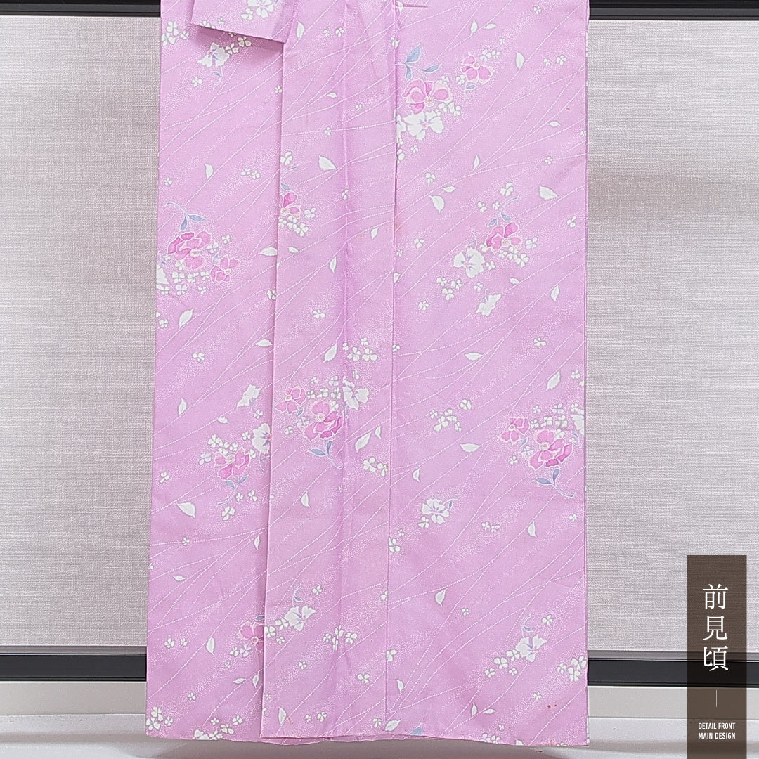 洗える着物 小紋 袷 身丈159cm 裄丈61cm ポリエステル Cランク インフォーマル 広衿 Mサイズ 花柄 紫系 HP 1221-16025