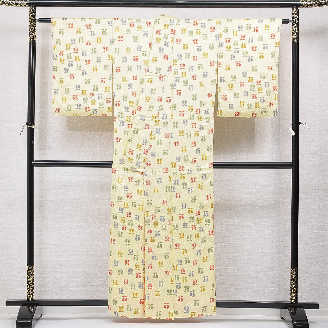 小紋 袷 身丈158cm 裄丈64cm 正絹 Cランク インフォーマル 広衿 Mサイズ 花柄 黄系 HP 1221-15550