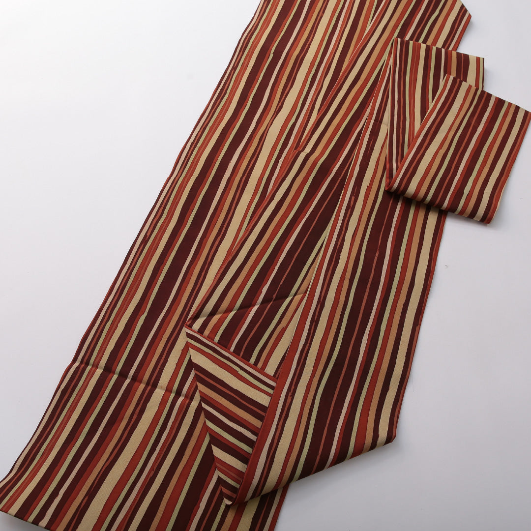 九寸名古屋帯 帯丈360cm カジュアル 名古屋仕立て 全通 Cランク 正絹 染め帯 縞 多色系 1224-03568