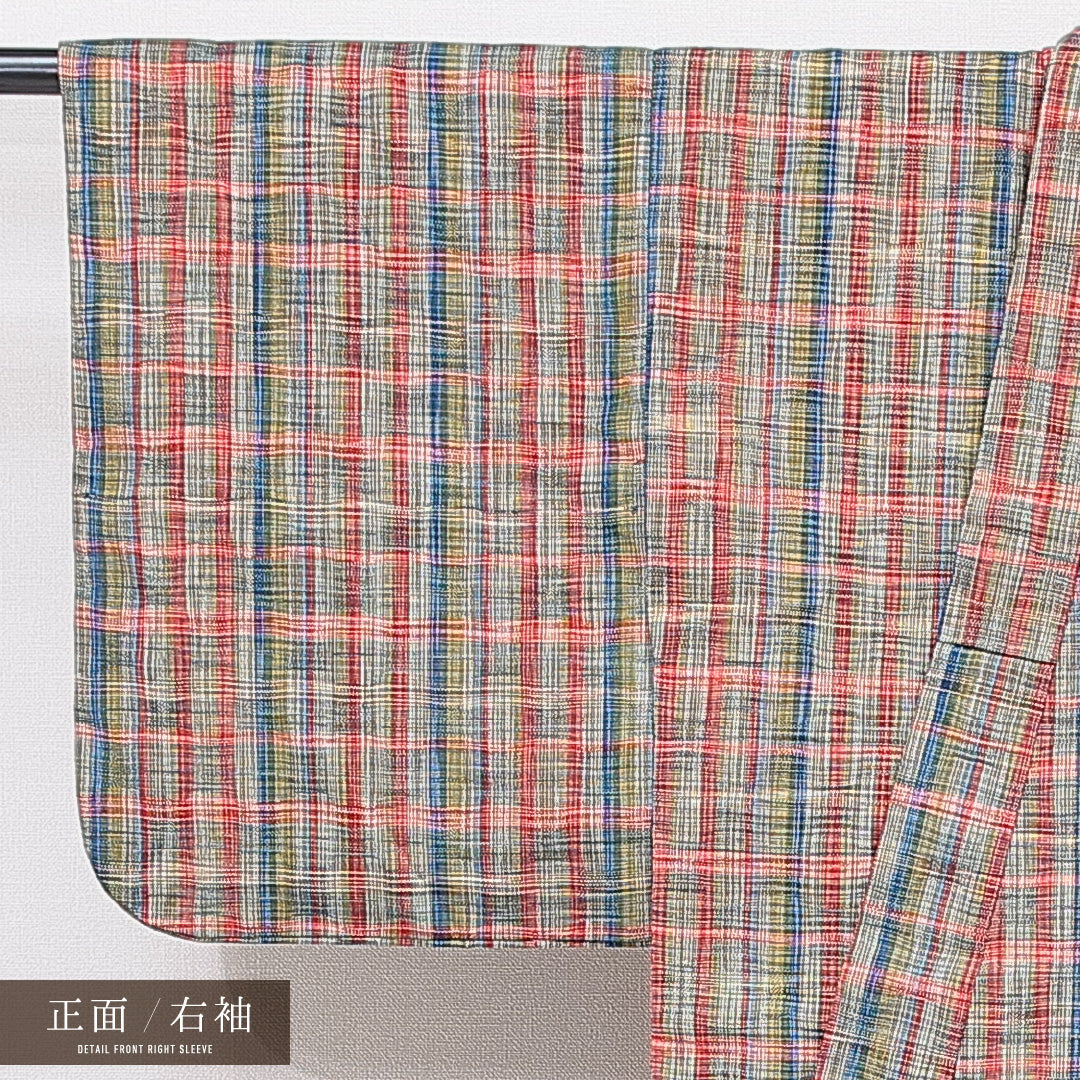 紬 単衣 身丈150cm 裄丈61cm 正絹 Sランク カジュアル バチ衿 Sサイズ 格子 多色系 RP 1223-15728
