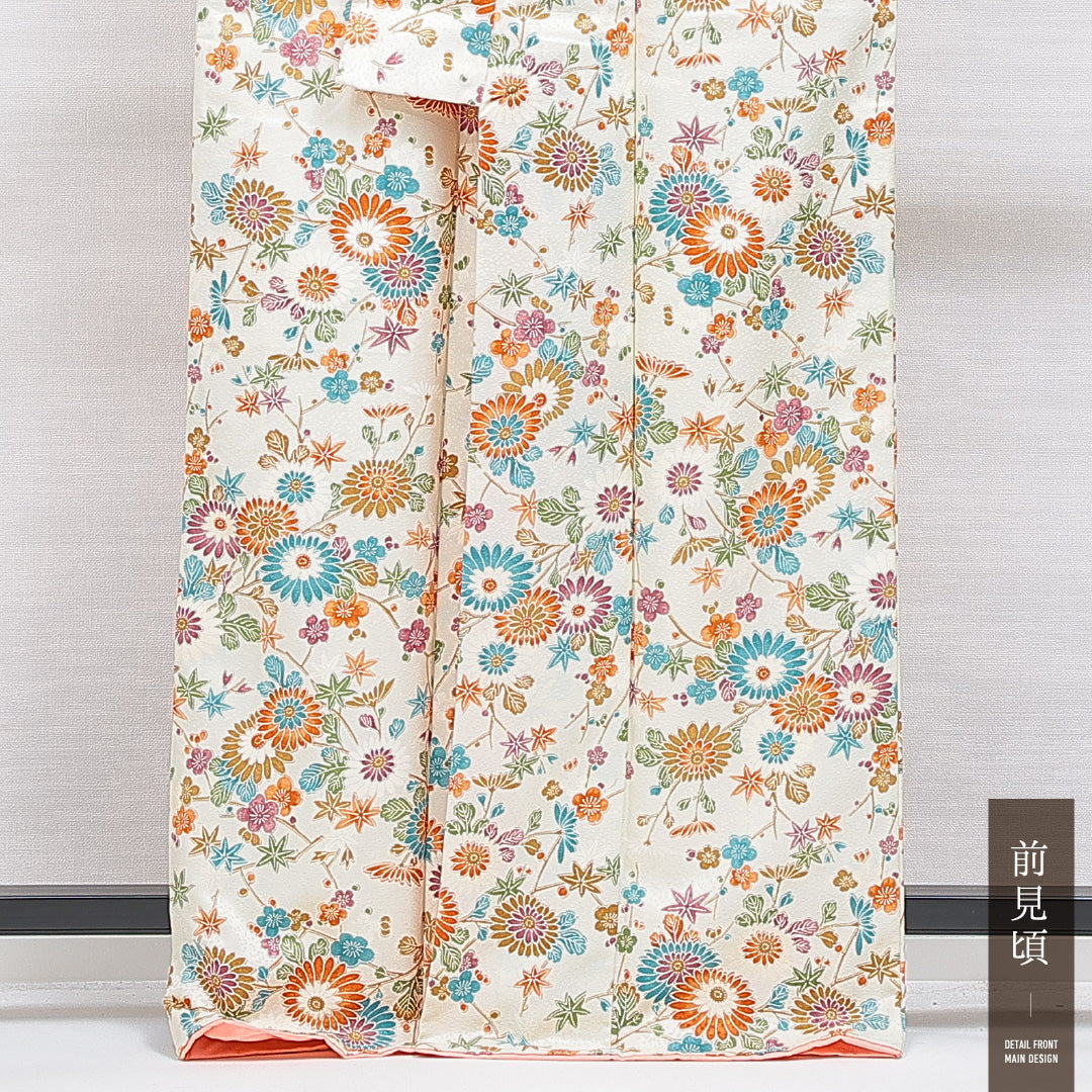 洗える着物 小紋 袷 身丈165cm 裄丈65cm ポリエステル Cランク インフォーマル 広衿 XLサイズ 菊 クリーム系 LP 1221-15954