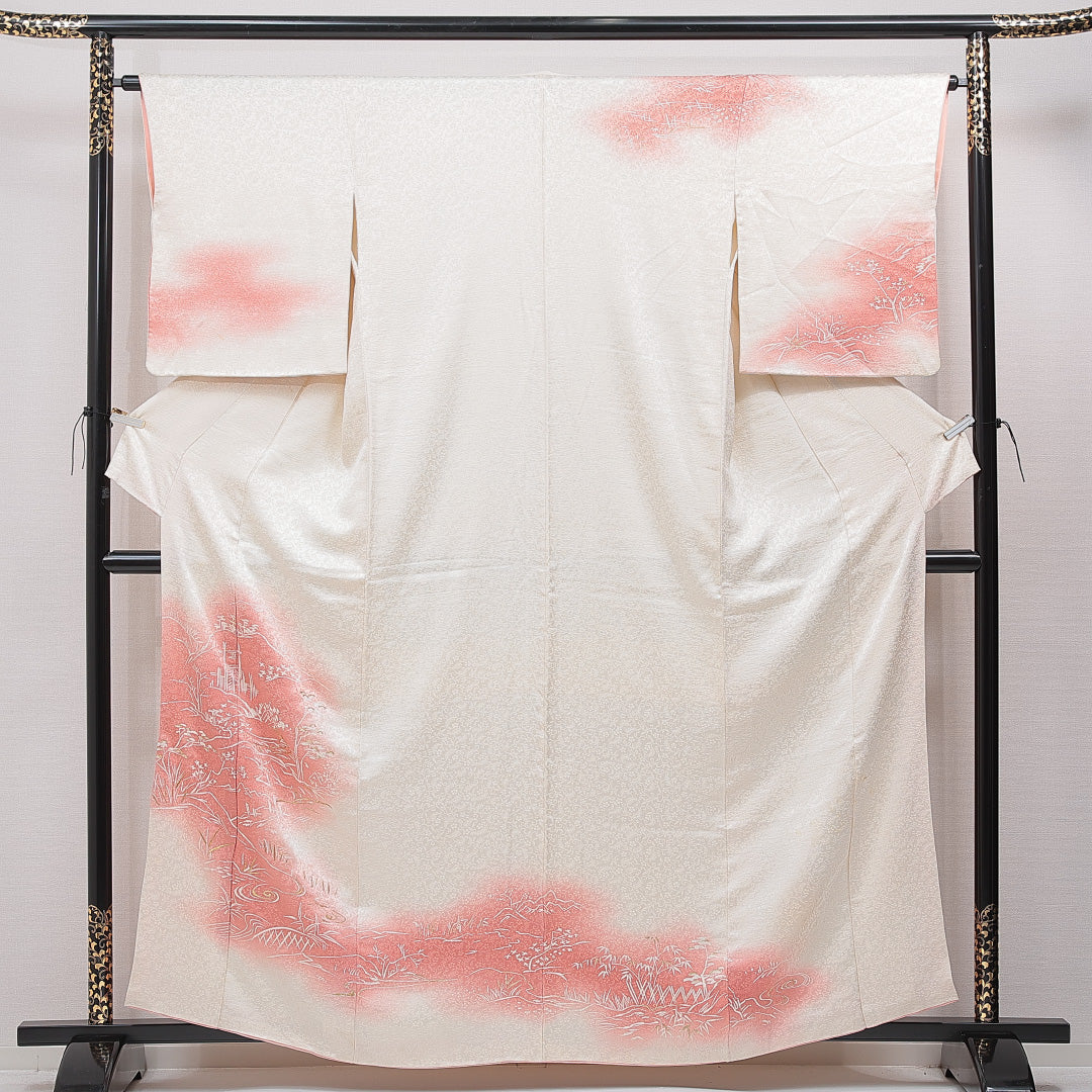 訪問着 袷 身丈159cm 裄丈62cm 正絹 Cランク セミフォーマル 広衿 Mサイズ 刺繍 松 白系 LP 1217-15349