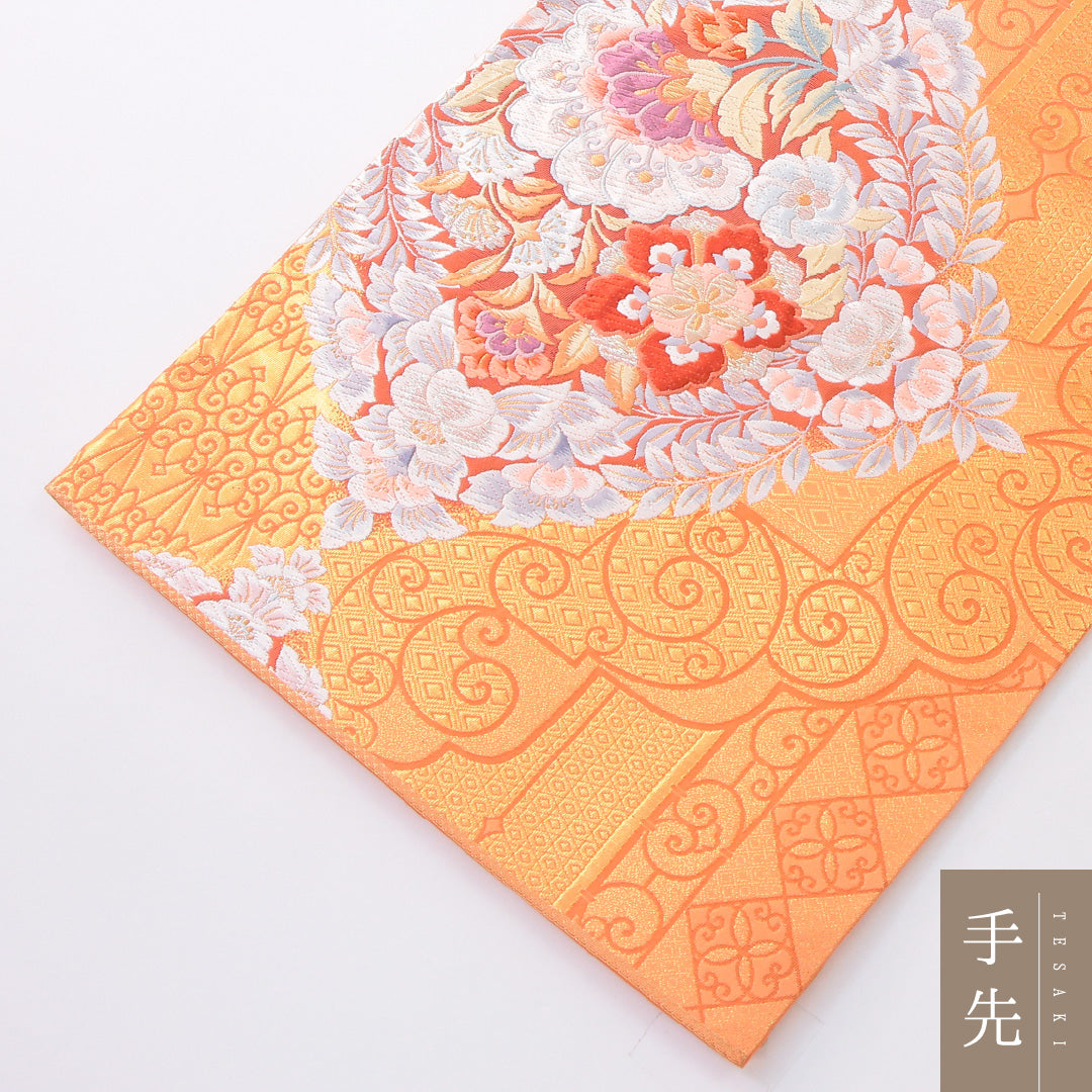 袋帯 帯丈428cm 西方煌秀華文 フォーマル 六通 Sランク 正絹 宝相華 ピンク系 金系 1223-02243