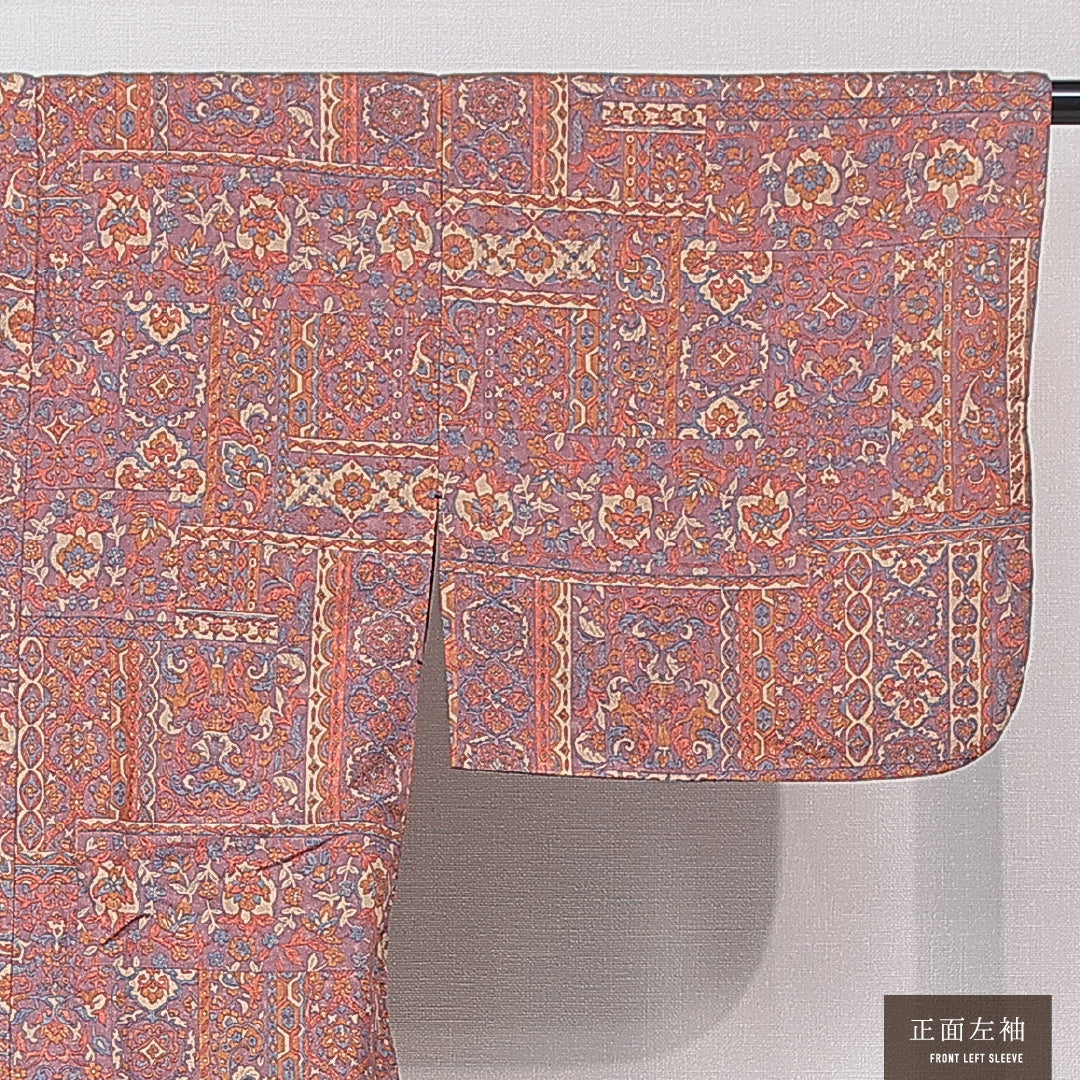道中着 袷 身丈83cm 裄丈64cm 正絹 Sランク カジュアル Mサイズ 更紗 更紗 異国風 淡い 紫系 RP 1236-16788