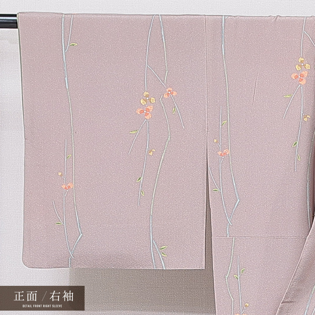 小紋 袷 身丈156cm 裄丈62cm 正絹 Sランク Mサイズ 広衿 インフォーマル 植物柄 グレー系 1215-15644