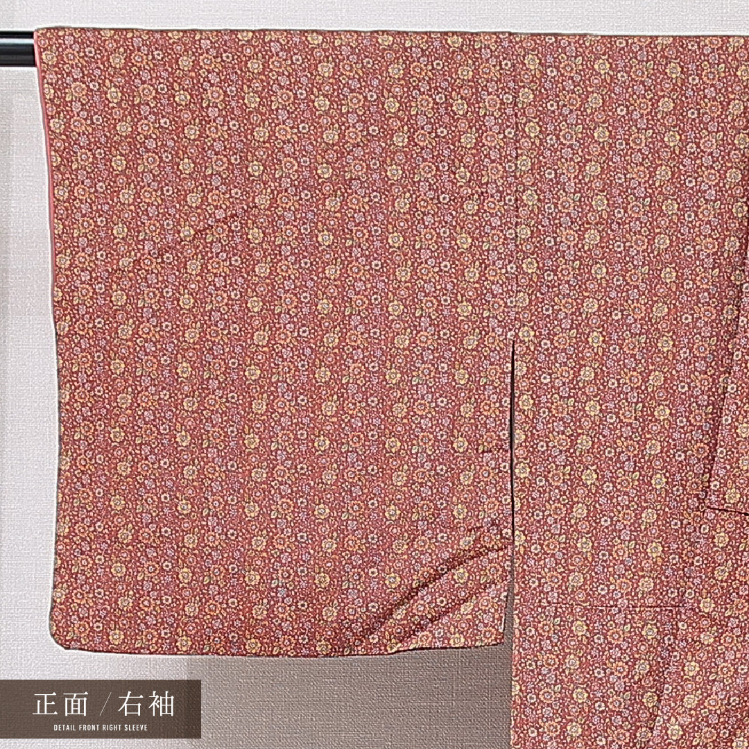 小紋 袷 身丈159cm 裄丈63cm 正絹 Aランク インフォーマル 広衿 Mサイズ 唐草 菊 茶系 RP 1221-15334