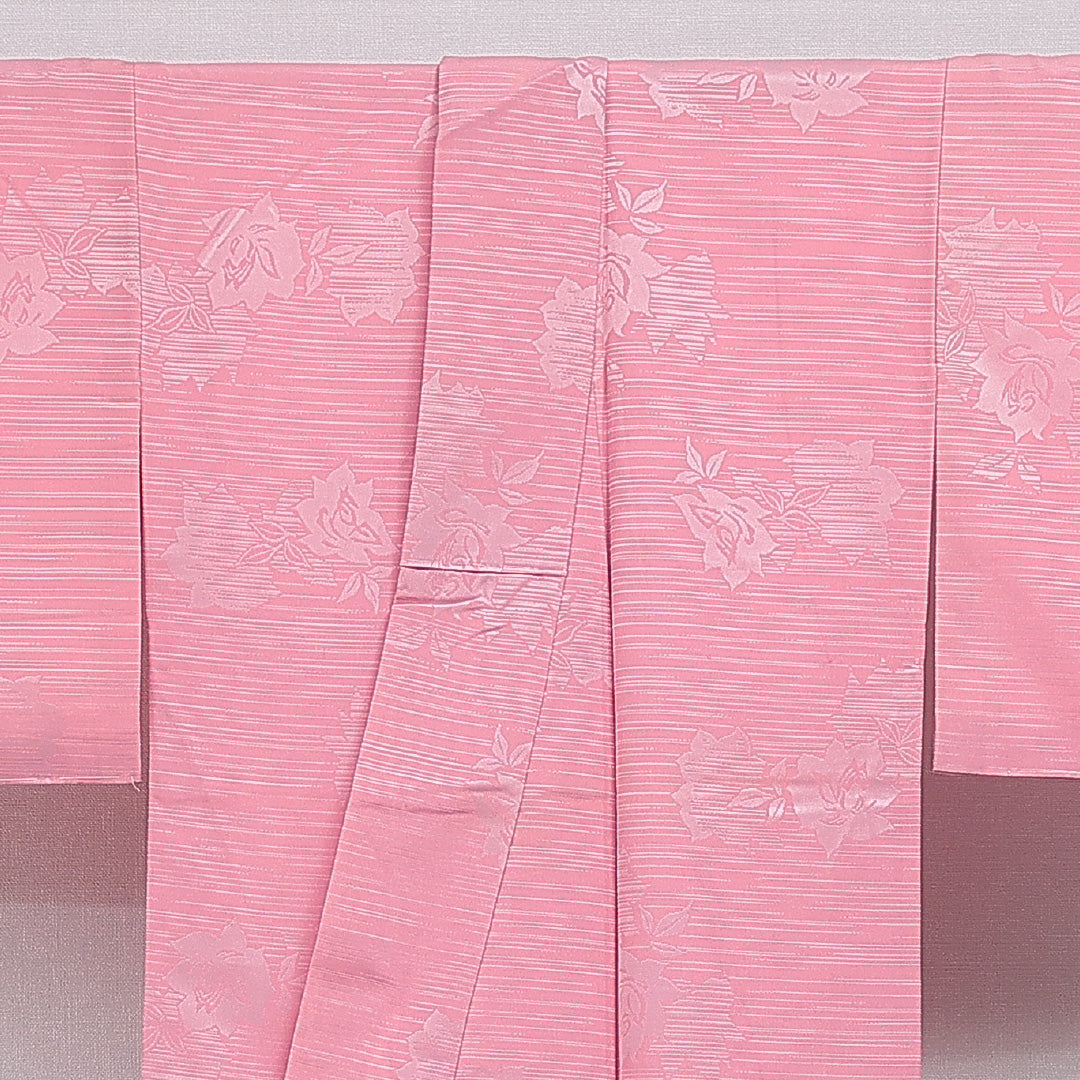 色無地 洗える着物 袷 身丈153cm 裄丈63cm ポリエステル Aランク Sサイズ 広衿 インフォーマル 薔薇 ピンク系 1214-16093