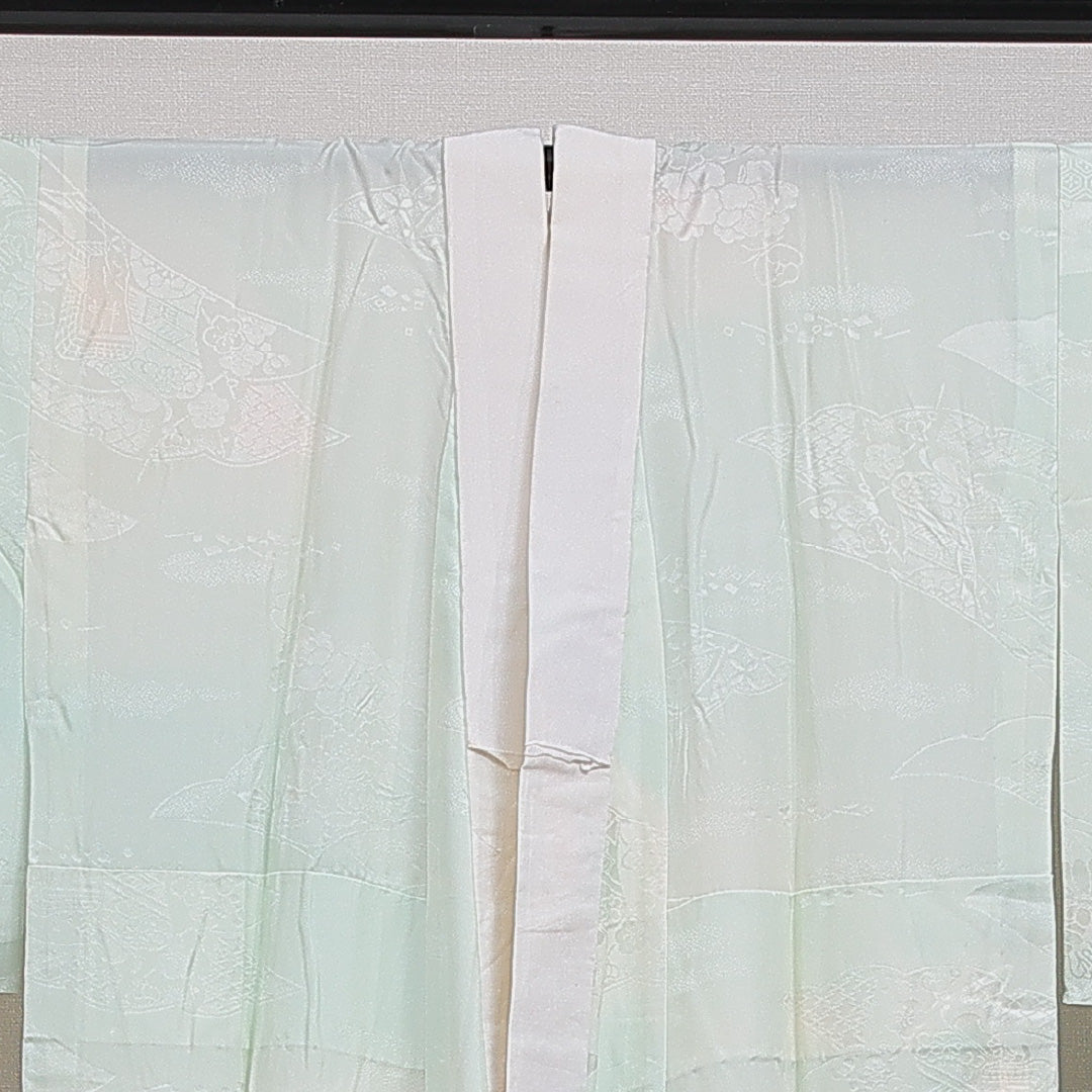 長襦袢 無双袖 身丈126cm 裄丈65cm 正絹 Sランク Mサイズ 牡丹 緑系 RP 1239-16511