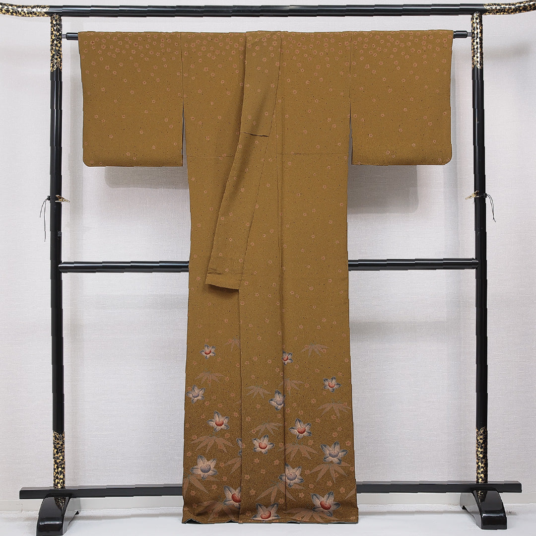 付下げ 洗える着物 袷 身丈165cm 裄丈66cm ポリエステル Sランク XLサイズ 広衿 インフォーマル 梅 笹 茶系 1261-15677