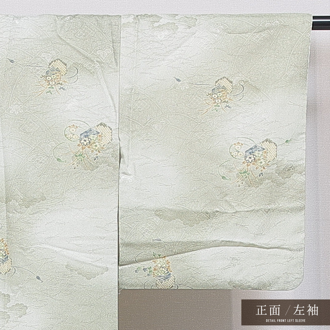 小紋 洗える着物 袷 身丈159cm 裄丈64cm ポリエステル Sランク Mサイズ 広衿 インフォーマル 雲取り 亀甲 緑系 1215-16274