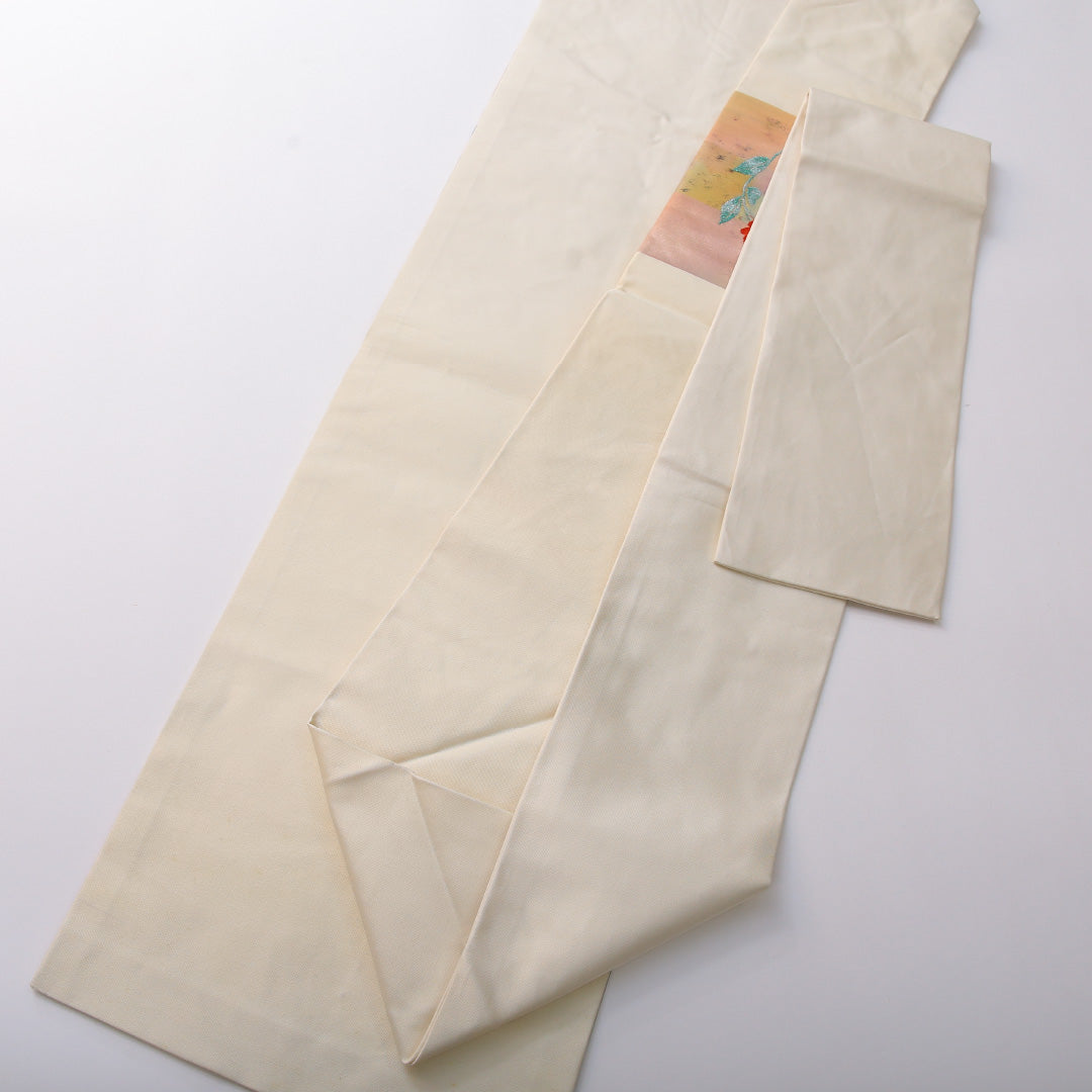 九寸名古屋帯 帯丈359cm カジュアル 名古屋仕立て ポイント柄 Cランク 正絹 綴れ織 薔薇 クリーム系 1224-03491