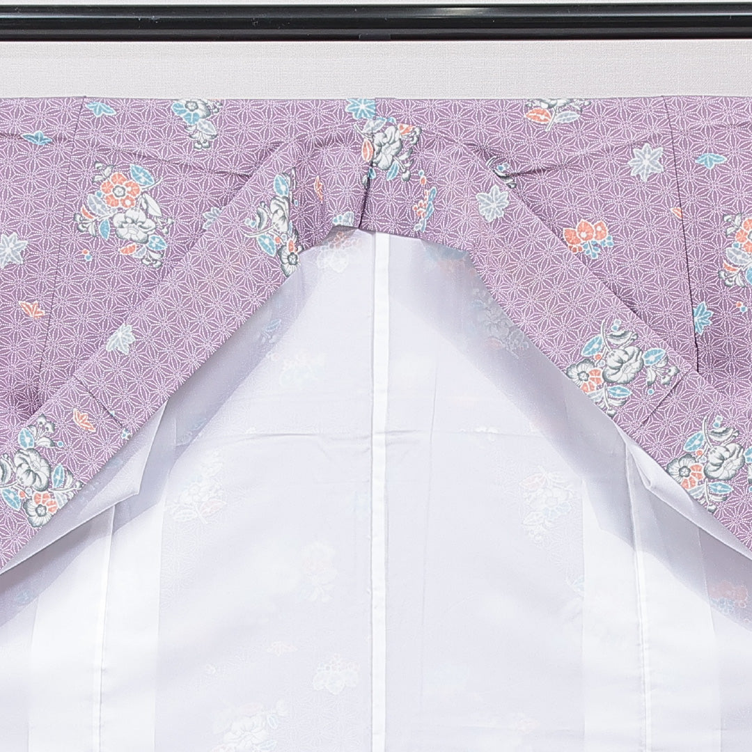 洗える着物 小紋 袷 身丈152cm 裄丈62cm ポリエステル Aランク インフォーマル 広衿 Sサイズ 椿 紫系 RP 1221-15843