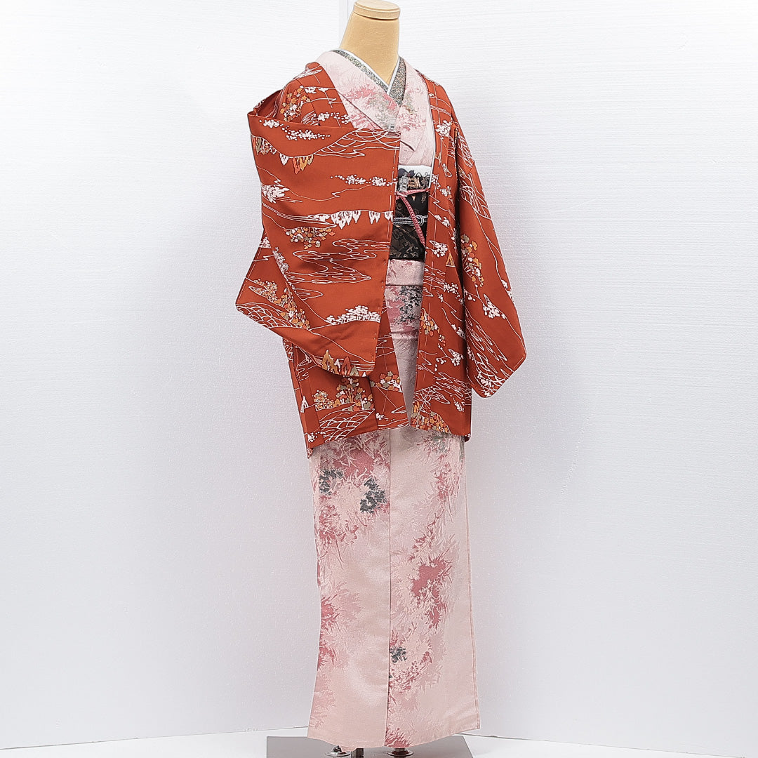 未使用品 羽織 袷 身丈79cm 裄丈63cm 正絹 Nランク カジュアル Sサイズ 紐あり しつけ糸 山 茶系 RP 1232-15318