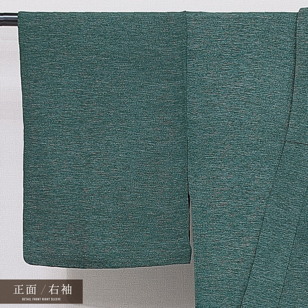 小紋 単衣 身丈159cm 裄丈63cm 正絹 Sランク Mサイズ バチ衿 インフォーマル 肩当て ちりめん 無地 緑系 1215-15680
