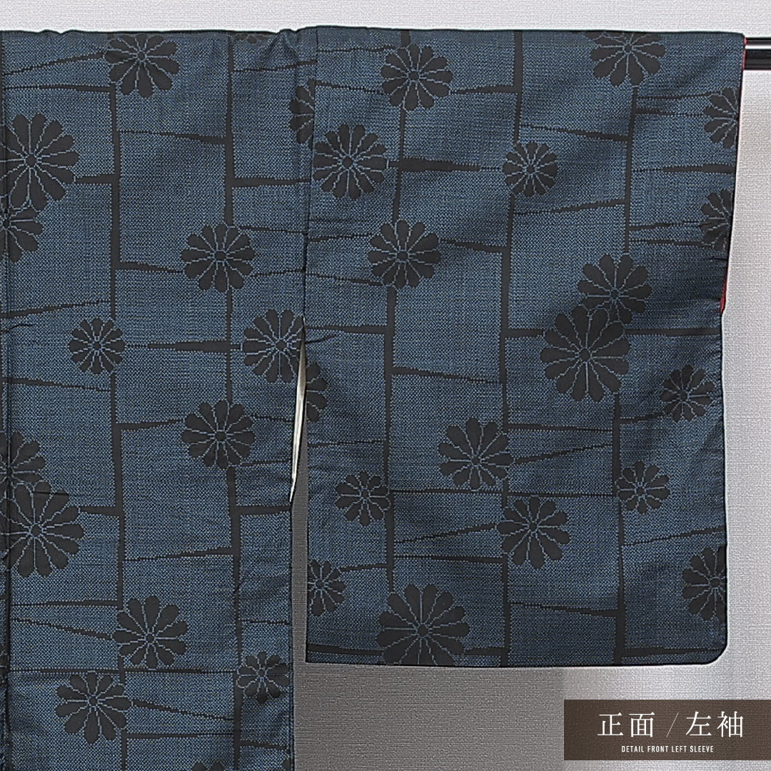 紬 袷 身丈161cm 裄丈65cm 正絹 Aランク カジュアル 広衿 Lサイズ 菊 紺系 RP 1223-15964