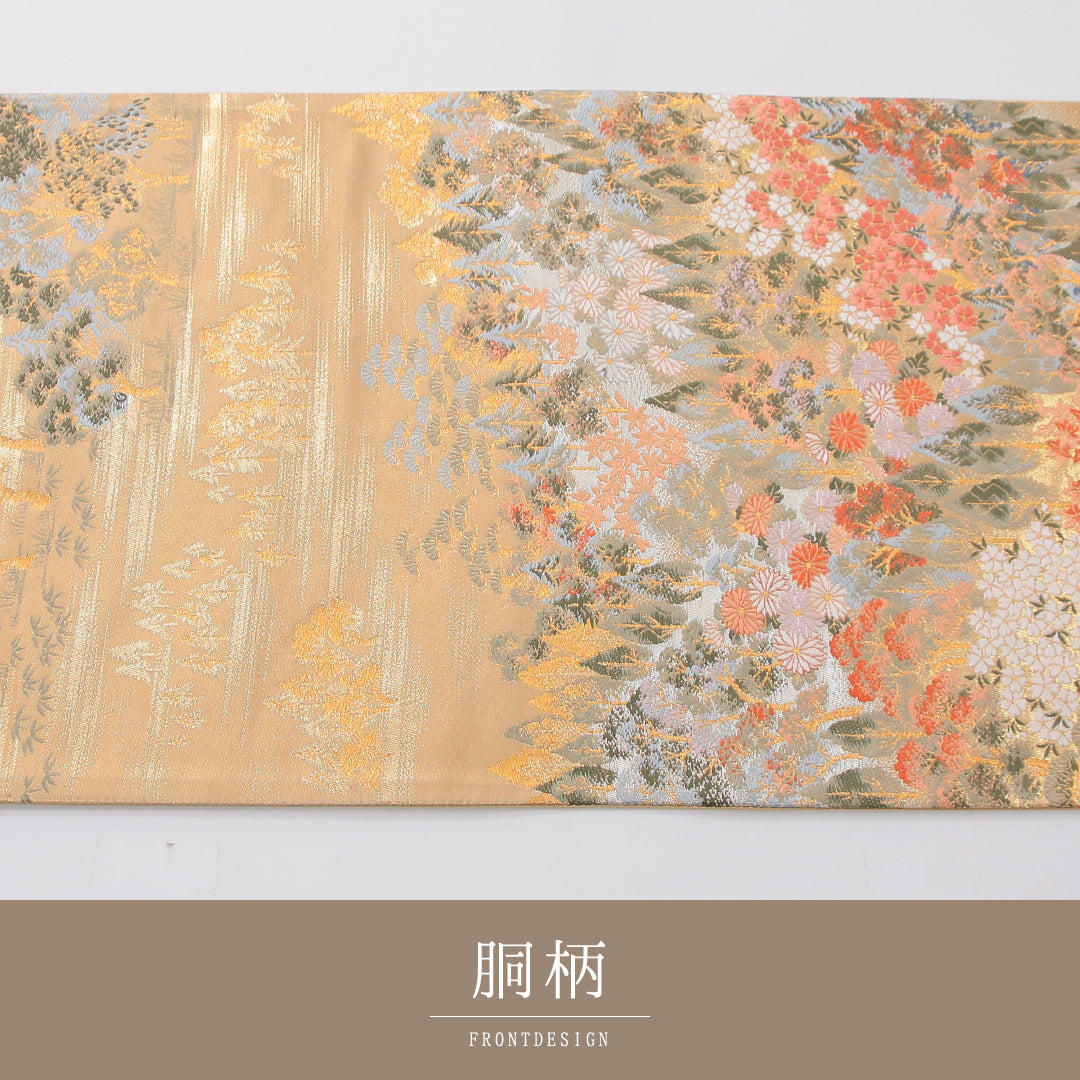 袋帯 帯丈436cm 翠祥錦 フォーマル 六通 Sランク 正絹 桜 松 証紙 金系 1223-02325