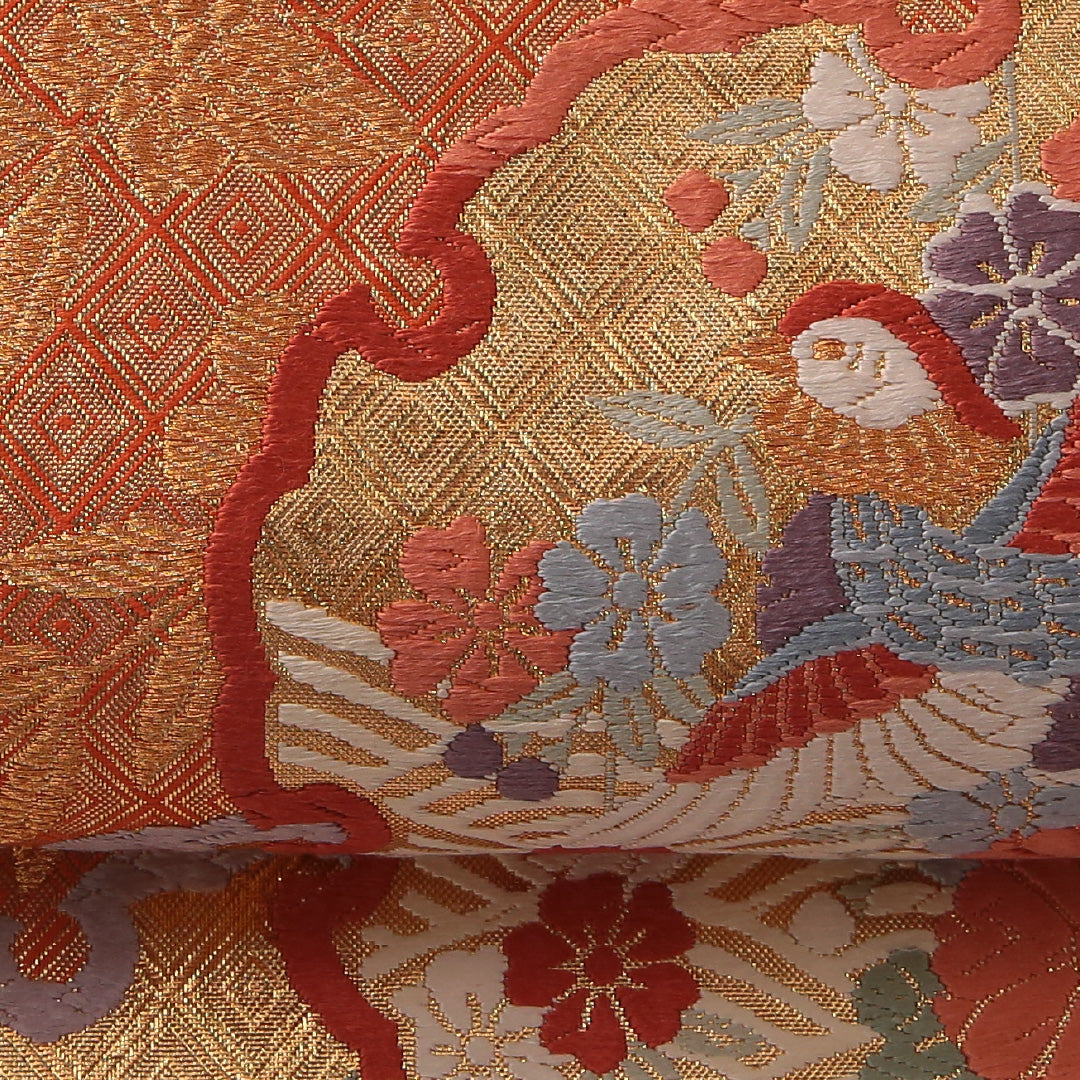 袋帯 帯丈428cm フォーマル 六通 Sランク 正絹 鳥 雪輪 金系 1223-01881