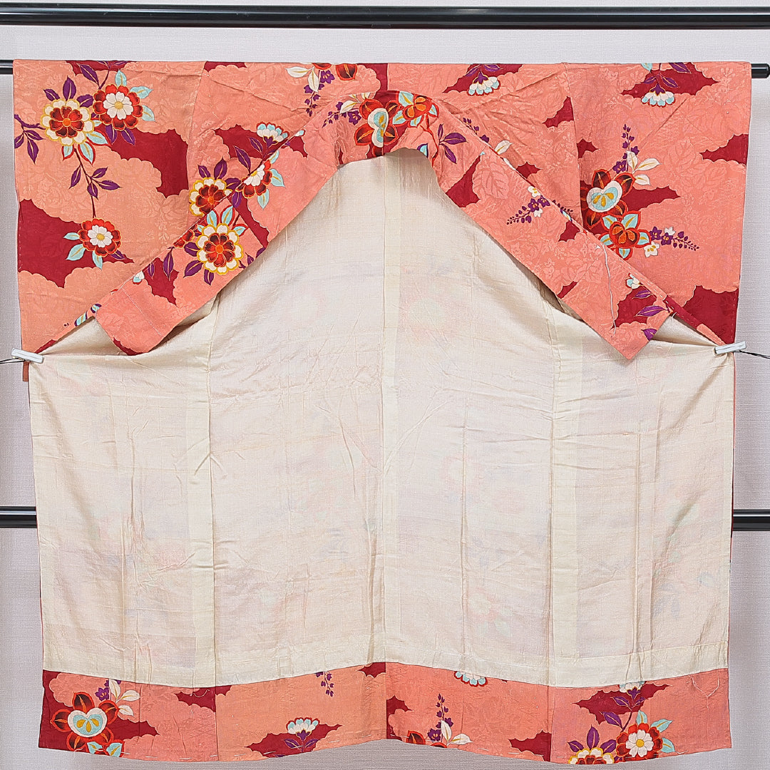 アンティーク 小紋 袷 身丈127cm 裄丈62cm 正絹 Cランク 広衿 XSサイズ 橘 朱系 M4 1221-16744