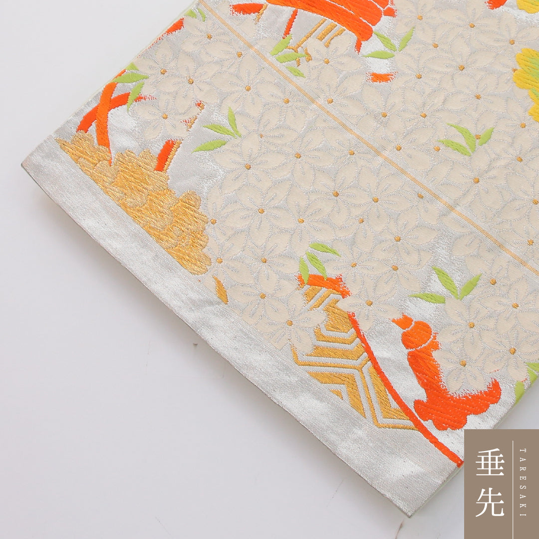 アンティーク 袋帯 帯丈416cm 六通 Aランク 正絹 唐織 古典柄 クリーム系 1223-02320