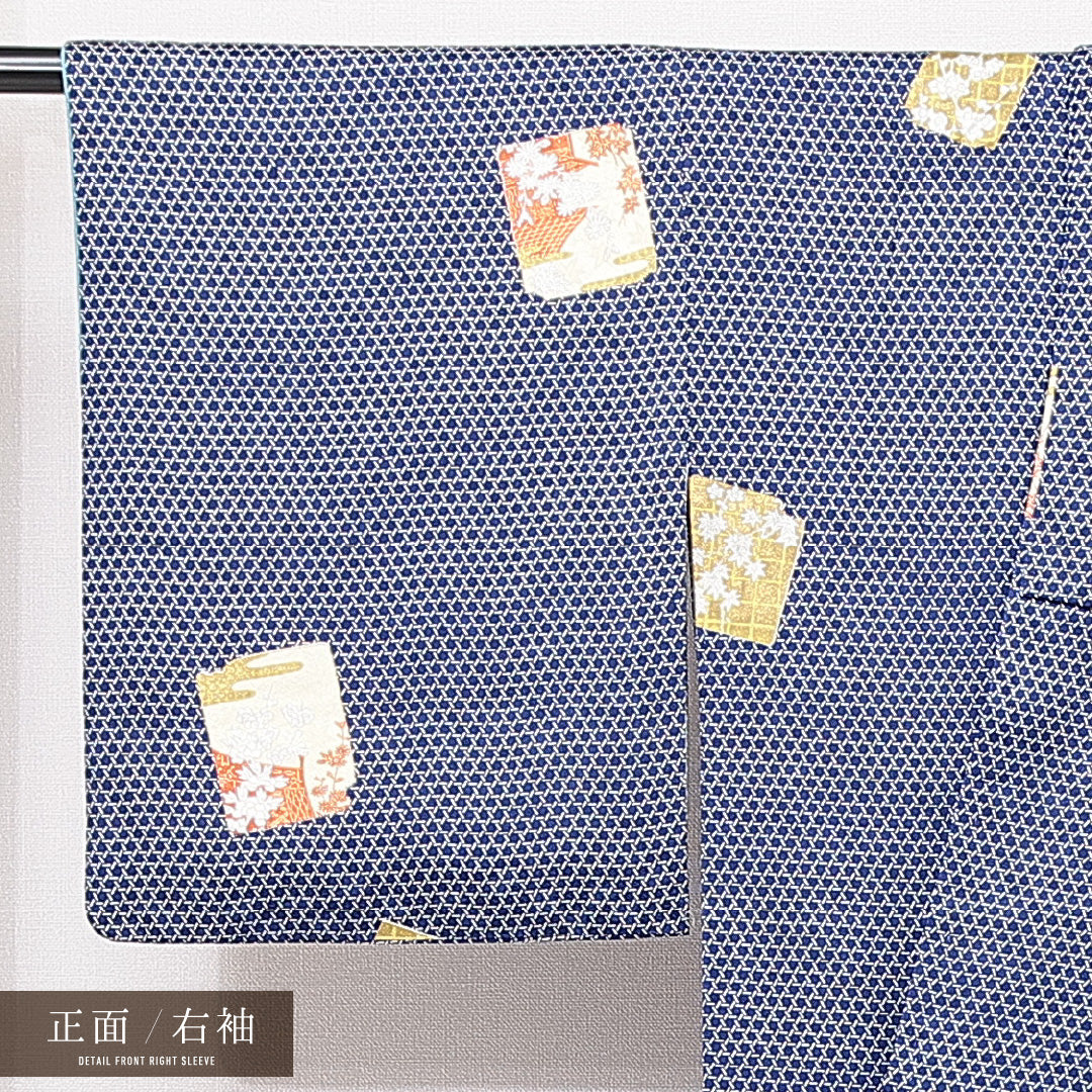 小紋 袷 身丈153cm 裄丈61cm 正絹 Bランク インフォーマル 広衿 Sサイズ 色紙 花柄 青系 HP 1221-15078