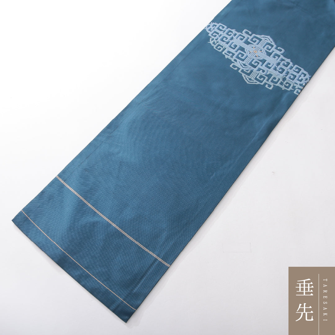 九寸名古屋帯 帯丈356cm カジュアル 名古屋仕立て ポイント柄 Bランク 正絹 創作柄 青系 1224-03836