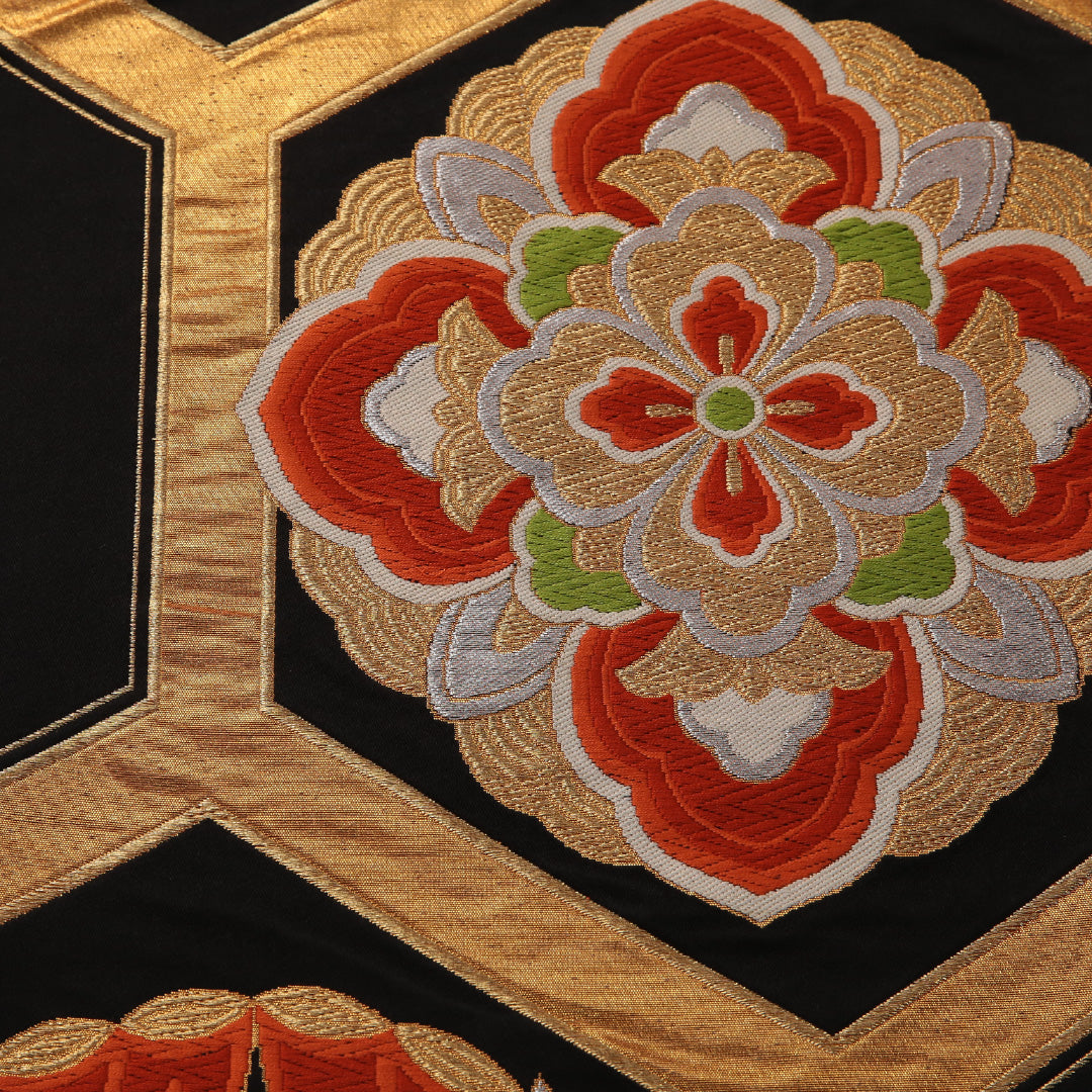 袋帯 帯丈418cm フォーマル 六通 Sランク 正絹 花菱 亀甲 黒系 金系 1223-01890