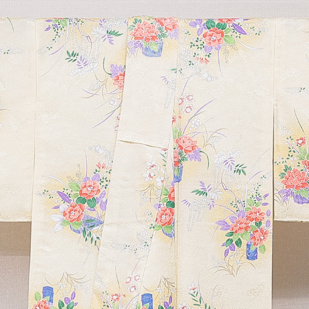 小紋 洗える着物 袷 身丈158cm 裄丈63cm ポリエステル Sランク Mサイズ 広衿 インフォーマル 椿 黄系 1215-15809