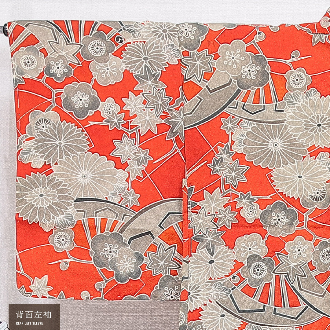 アンティーク 羽織 袷 身丈87cm 裄丈67cm 正絹 Bランク Mサイズ ちりめん 菊 赤系 1217-16813