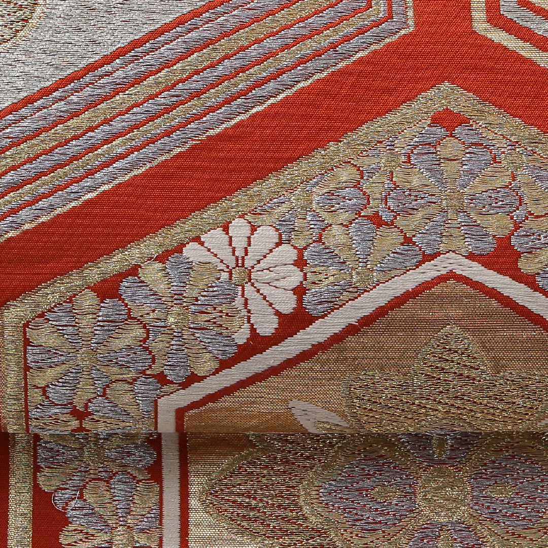 アンティーク 袋帯 帯丈412cm 六通 Aランク 正絹 家紋柄 亀甲 朱系 1223-02075