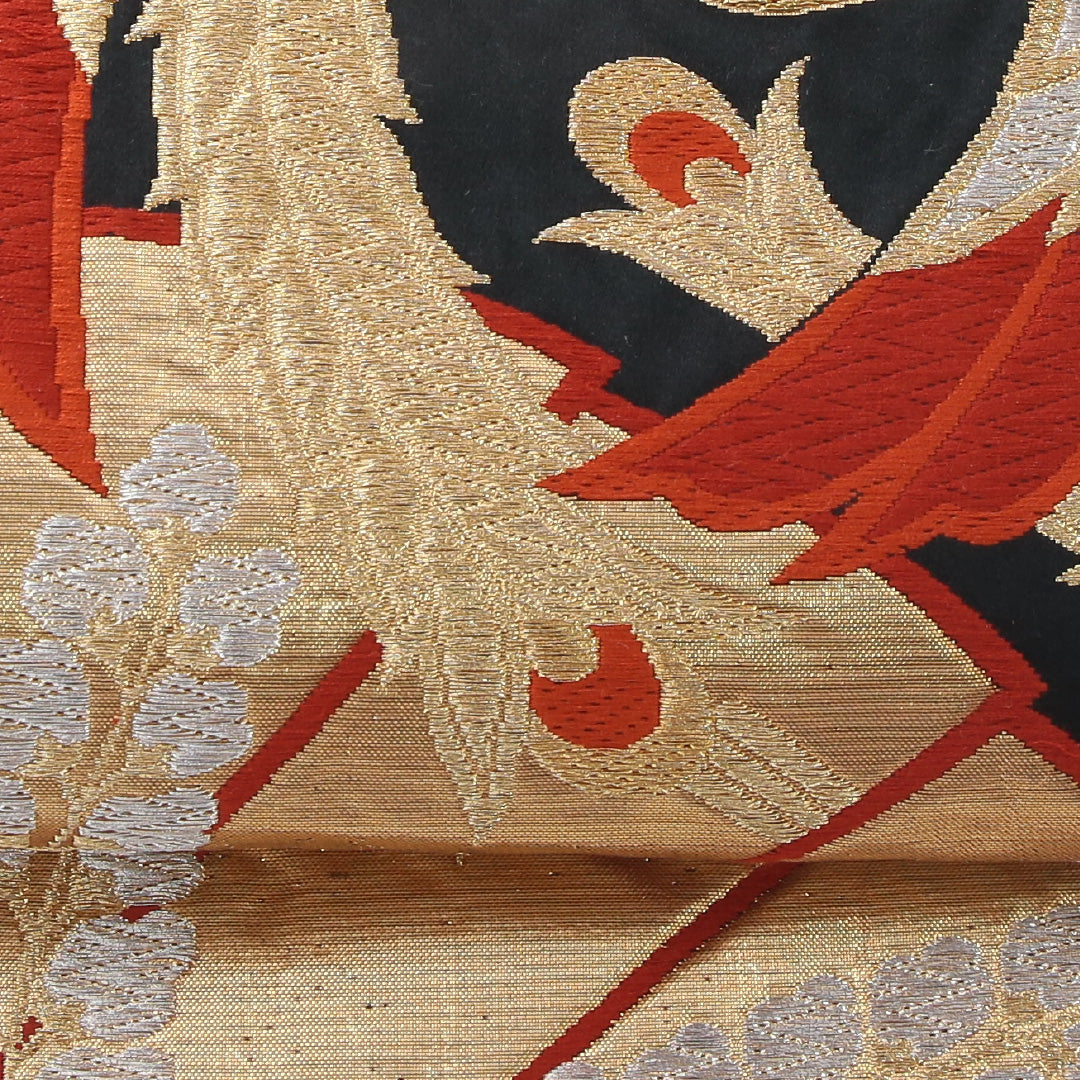 袋帯 帯丈424cm 正絹 六通 フォーマル 唐織 鳳凰 桐 黒系 金系 1243-02182
