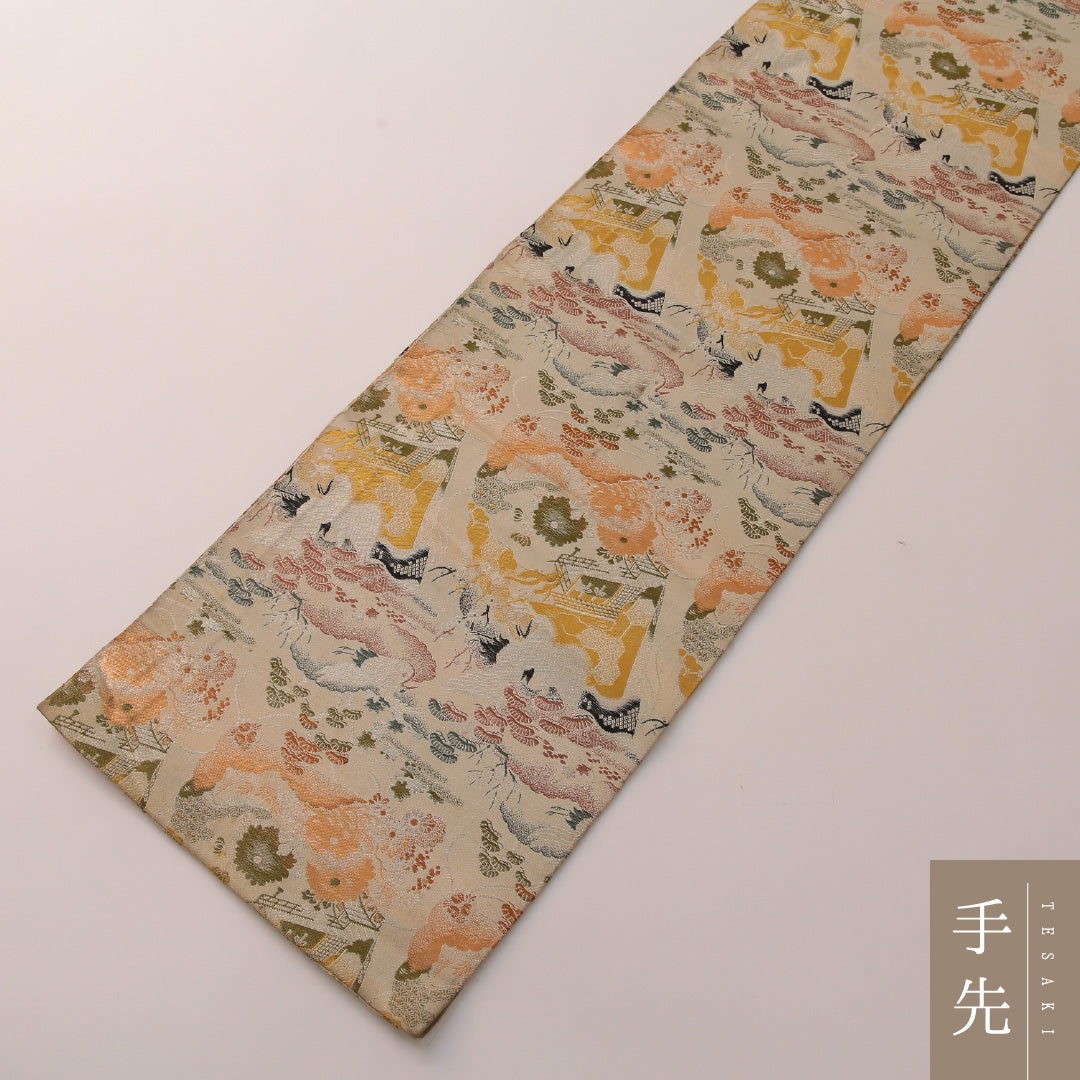 アンティーク 袋帯 帯丈400cm 全通 Cランク 正絹 御所解 松 クリーム系 金系 1223-01911