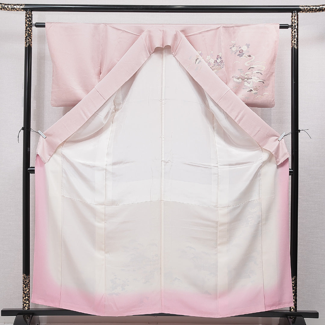 訪問着 袷 身丈161cm 裄丈61cm 正絹 Cランク セミフォーマル 広衿 Lサイズ 茶屋辻 古典的 華やか ピンク系 HP 1217-15502