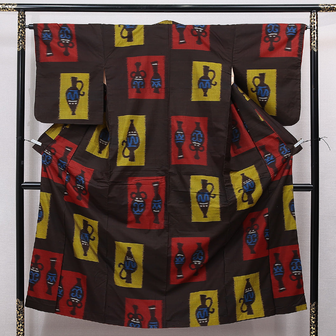 アンティーク 紬(銘仙) 袷 身丈151cm 裄丈64cm 正絹 Cランク Sサイズ バチ衿 壺 茶系 1216-15533