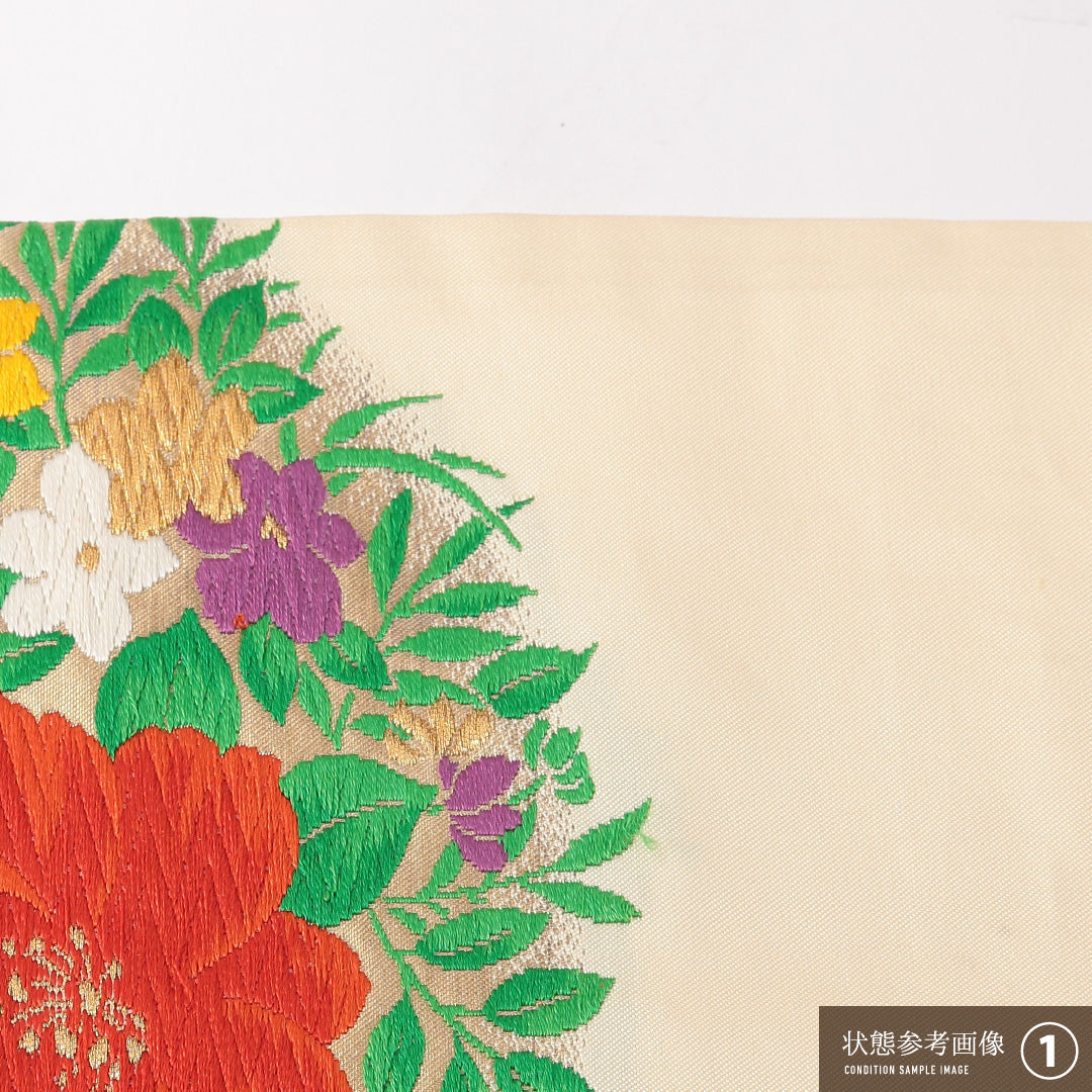 九寸名古屋帯 Aランク 帯丈357cm 正絹 ポイント柄 名古屋仕立て 織り セミフォーマル 花柄 丸文 白系 RP 1245-03167