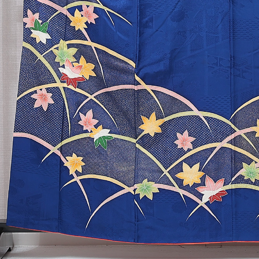 訪問着 袷 身丈161cm 裄丈64cm 正絹 Sランク セミフォーマル 広衿 Lサイズ 芝草 楓 古典的 舞台衣装 青系 RP 1217-15869