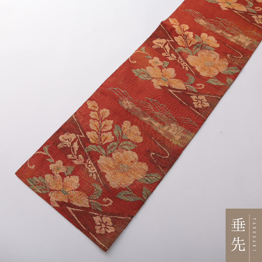 八寸名古屋帯 Sランク 帯丈363cm 正絹 六通 名古屋仕立て 織り カジュアル 紬 椿 朱系 LP 1245-03372