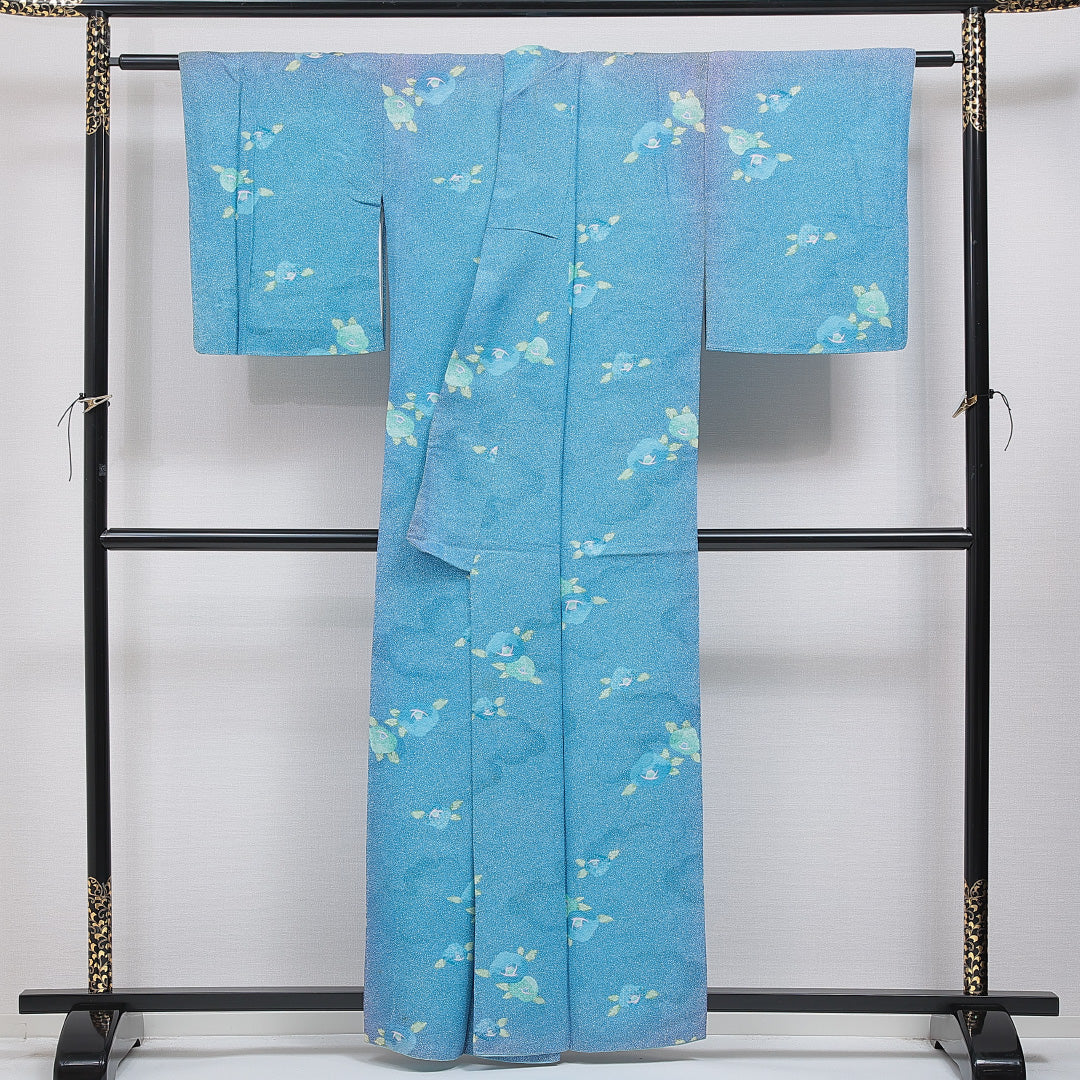 洗える着物 小紋 袷 身丈160cm 裄丈62cm ポリエステル Cランク インフォーマル 広衿 Lサイズ 椿 青系 LP 1221-16078